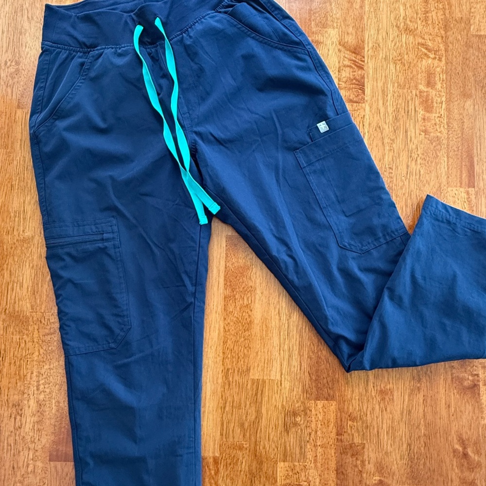 FIGs Navy Blue Scrub Pants with Teal Drawstring